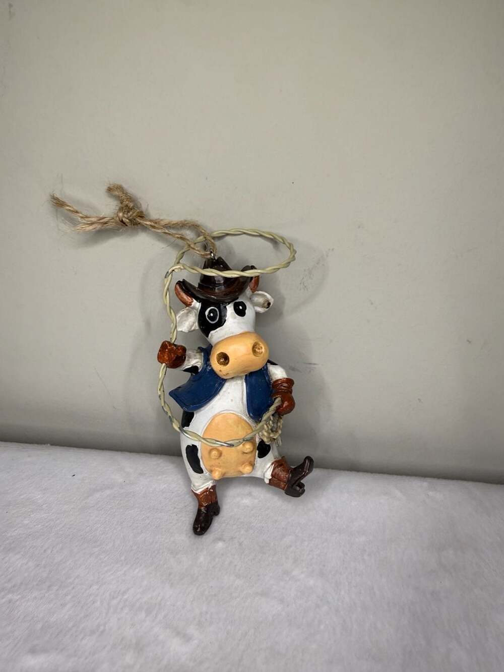 Resin Cowboy Holstein Cow with Lasso Christmas Tree Ornament